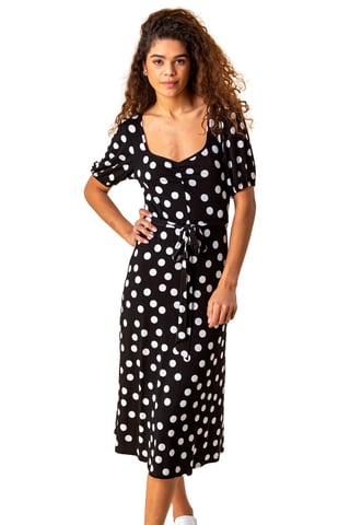 Ruched Neck Spot Print Midi Dress