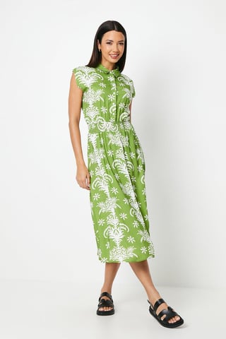 Shirred Waist Abstract Shirt Dress