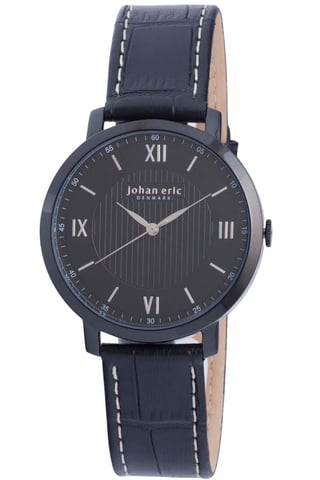 Johan eric: koge, men's, black dial watch, applied indexes w hydraulic stamping pattern, black ip coated stainless steel case & buckle, black  leather strap w crocodile pattern top....