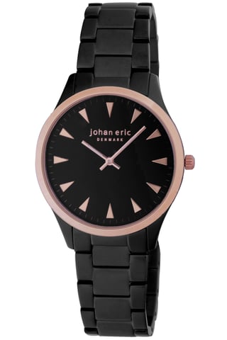 Johan eric: helsingør, men's, black dial watch w triangular rose gold tone hr-markers, black ip case & bracelet with rose gold ip bezel ring and crown