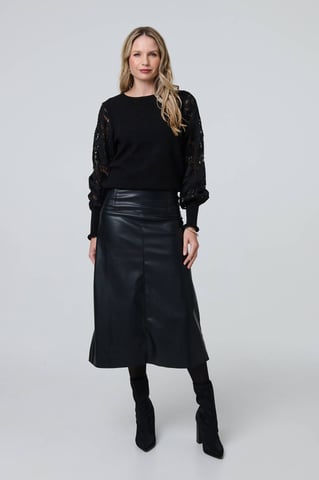 Black Faux Leather High Waist Midi Skirt