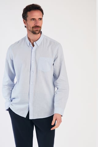 Blue Linen Blend Long Sleeve Button-Up Shirt With Chest Pocket
