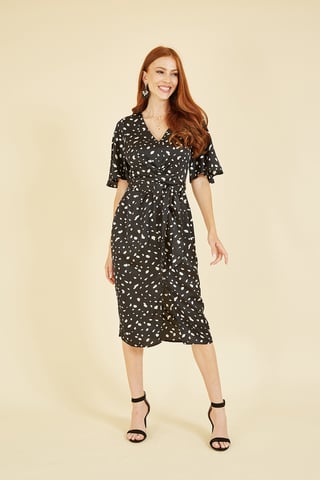 Dash Print Satin Kimono Sleeve Wrap Dress