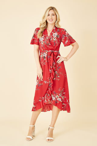 Red  Floral Dip Hem Wrap Midi Dress