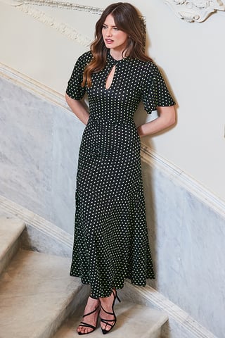 Black & Green Spot Print Keyhole Detail Jersey Dress