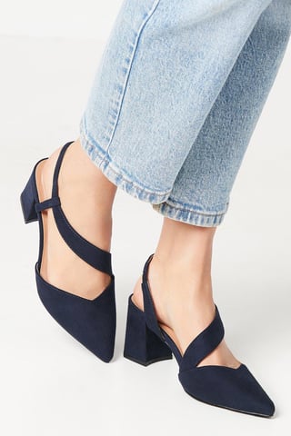 Wide Fit Eve Asymmetric Strap Block Heel Pointed Court Shoes
