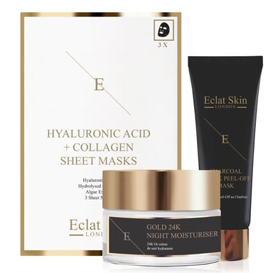 Antirimpel Nachtcrème 24K Goud + Peel-Off Gezichtsmasker + Hyaluronzuur & Collageenmasker - 3 Vellen