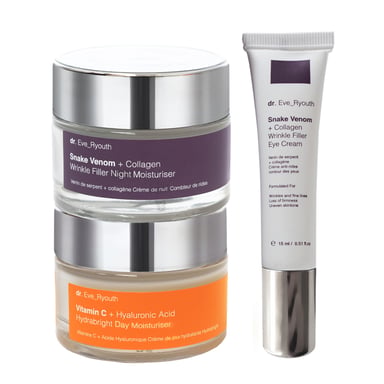 Vitamine C + Hyaluronzuur Hydrabright Dag Moisturiser 50ml + Slangengif + Collageen Rimpelvuller Nacht Moisturiser 50ml + Slangengif + Collageen Rimpelvuller Oogcrème 15