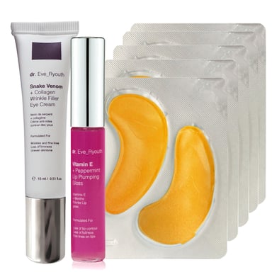 24K goud + antioxidant hydraterende oogbehandelingspads + vitamine E en pepermunt lip plumps 8 ml + slangengif + collageen rimpelvuller oogcrème 15