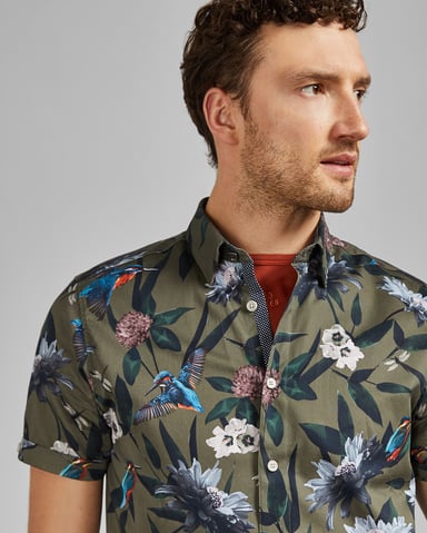 Ted Baker Johnn overhemd met korte mouwen en ijsvogelprint, kaki