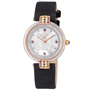 GV2 Matera dames Zwitsers quartz wit parelmoer wijzerplaat zwart suède band diamanten horloge