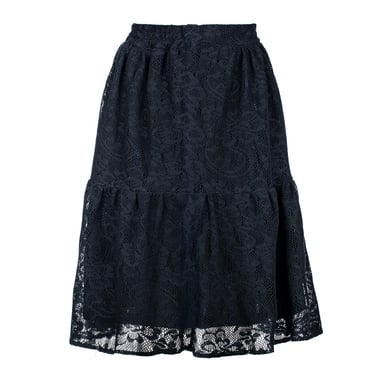 Zwarte rok met kantjacquard – Zachte textuur van polyester, onder de knie, elastische taille