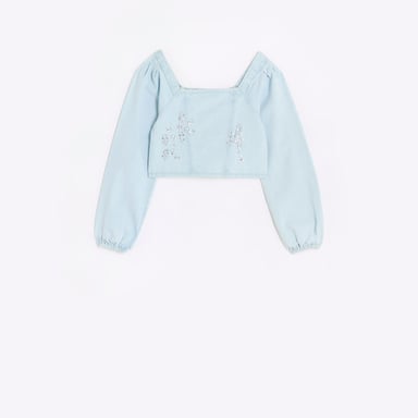 River Island Girls Blouse Blue Embellished Denim Corset