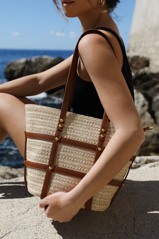 Wheres That From Womens 'Coqueta' Large Raffia Bag With Stud Detail