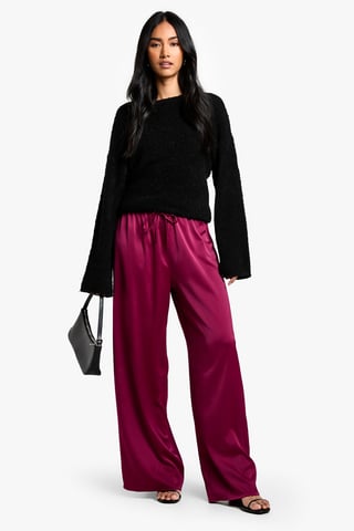 Satin Drawstring Waist Wide Leg Trousers
