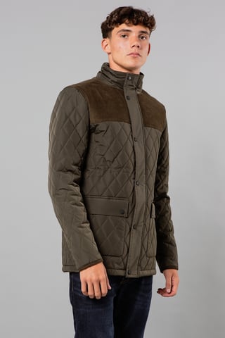 Khaki Diamond Quilted Jacket With Corduroy Detail