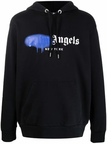 Palm Angels New York Blauwe Spuitlogo-print Hoodie Zwart