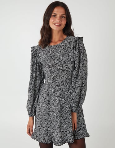 Frill Schouder Mini -jurk met lange mouwen
