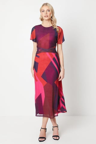 Pink Geo Twist Front Mesh Midi Dress