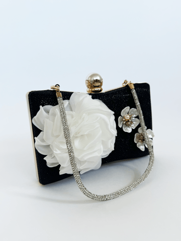 Square clutch Bag with 3D florals and Rhinestone handle in Black