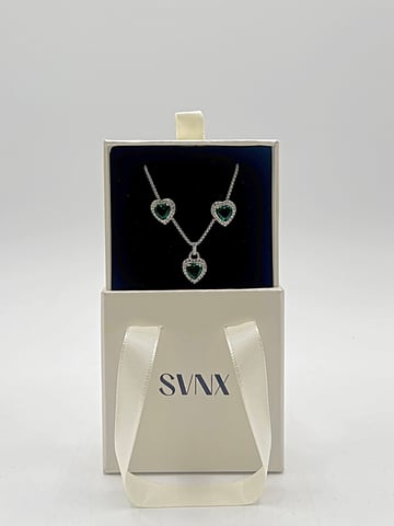 Green Diamante Heart Necklace and Earrings Set in Silver