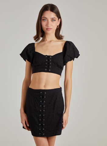 Lace Up Corset Puff Sleeve Crop Top