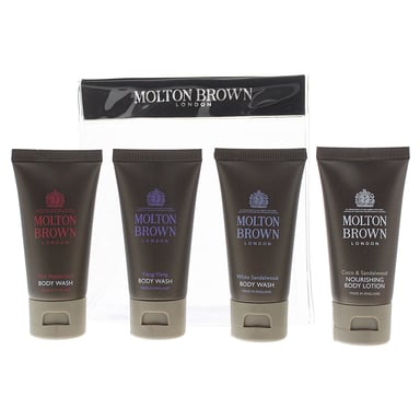 Molton Brown 4-delige cadeauset: Coco Sandalwood Body Lotion 30ml - Ylang Ylang Body Wash 30ml - White Sandalwood Body Wash 30ml - Pink Pepperpod Body Wash 30ml