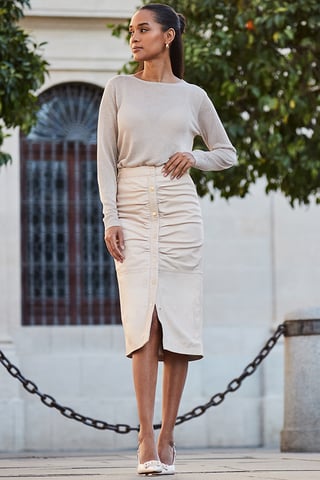 Ecru Leather Button Front Midi Skirt