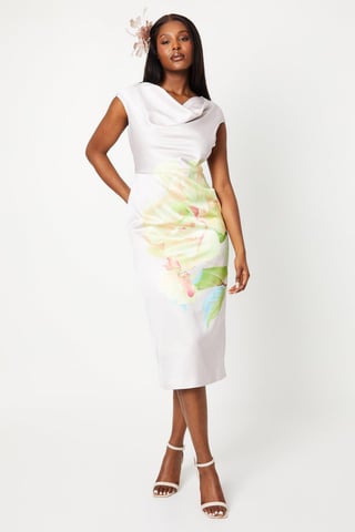Satin Pencil Midi Dress With Placement Print