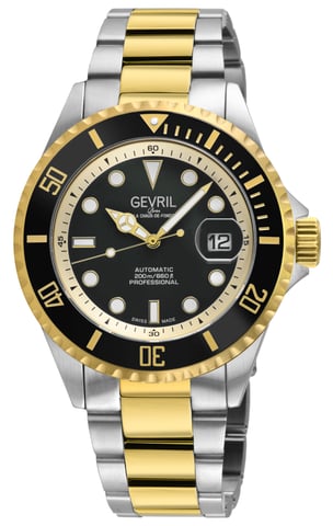 Gevril Mens Wall Street Swiss Automatic Sellita SW200 Black Enamel Dial, SS/IPYG Satin and Polished Bracelet Watch