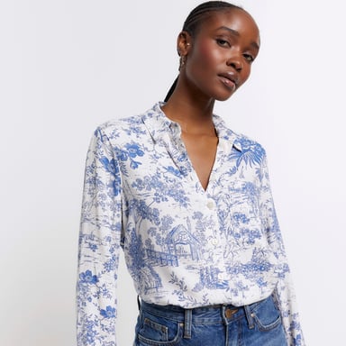 River Island Womens Shirt Blue Floral Long Sleeve