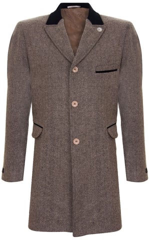 Heren 3/4 bruine lange Crombie overjas jas visgraat tweed jas Peaky Blinder