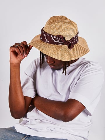 Straw fedora hat with bandana printed band in natural and dark oak