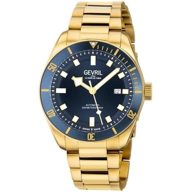 Gevril Heren Yorkville Zwitsers automatisch Sellita SW200 blauwe wijzerplaat IP geel gouden horloge