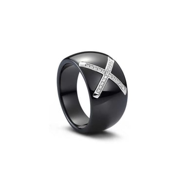 Zilveren ring met zwarte keramiek en witte zirkoniakristallen