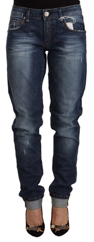 Acht Dames Blauw Gewassen Midden Taille Slim Fit Denim Opgerolde Zoom Jeans