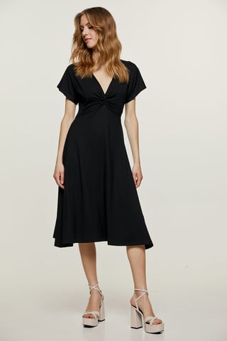 Zwarte Jersey Midijurk met Knoopdetail aan de Voorkant