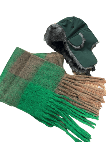 Khaki Trapper & Brown Green Check Scarf Set - Mens