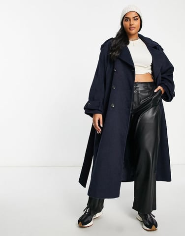 ASOS DESIGN Curve oversized brushed formal trench wool mix coat in navy