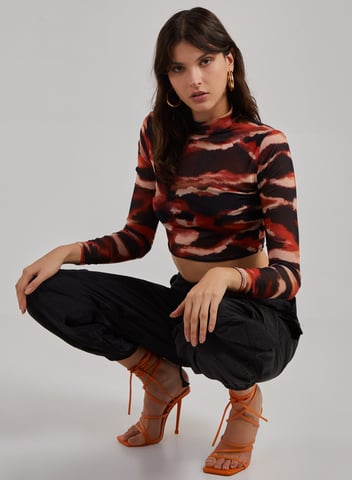 Smudge Print Mesh Long Sleeve Top