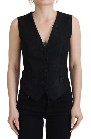 Dolce & Gabbana Dames Zwarte Brokaat Button-Down Mouwloze Vest Top
