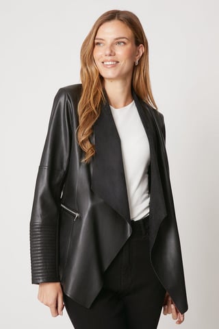 Black Faux Leather Waterfall Jacket