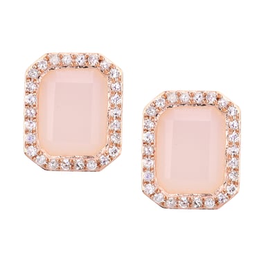 9ct roségouden diamanten en roze opaal rechthoekig geslepen oorknopjes