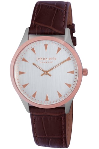 Johan eric: helsingør, men's, silver dial watch w triangular rose gold tone hr-markers, brown calfskin band