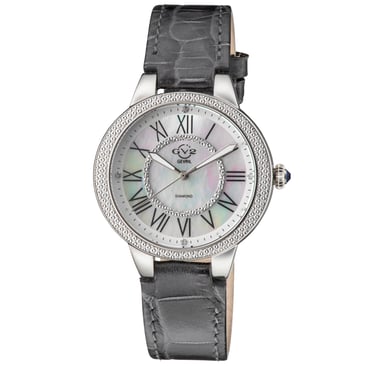 GV2 Astor II 9140-L9 Zwitsers Quartz dameshorloge met MOP wijzerplaat en grijs lederen diamanten