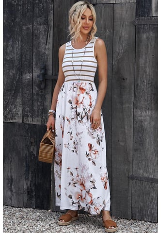 Dames Bloemenprint Mouwloze Maxi Jurk met Zak in Wit