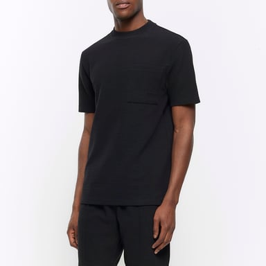 River Island Mens T-Shirt Black Regular Fit Textured Pocket