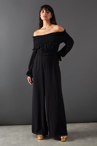 Shirred Bardot Waisted Wide Leg Jumpsuit