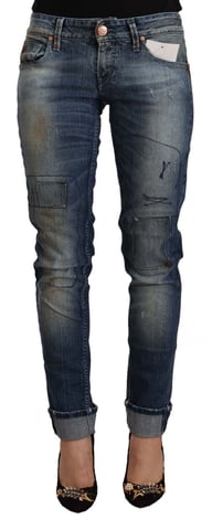 Acht Dames Blauwe Gewassen Lage Taille Vouwzoom Slim Fit Jeans