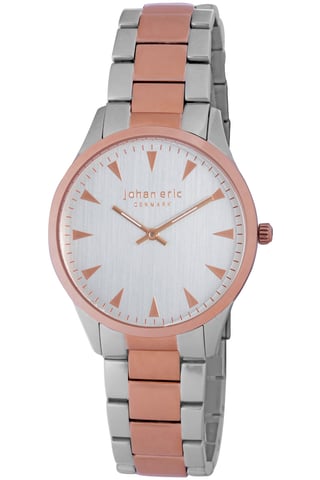 Johan eric: helsingør, men's, silver dial watch w triangular rose gold tone hr-markers, stainless steel and rose gold ip case and bracelet